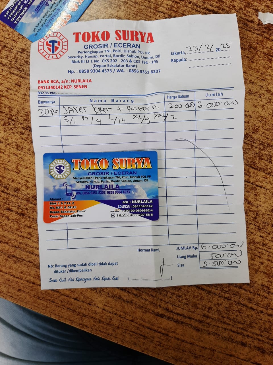 Nota pembelian jaket